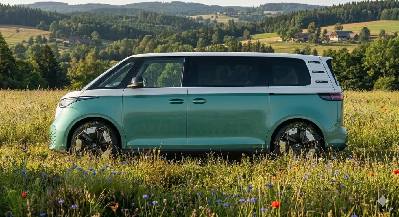 Elektrický VW ID. Buzz na louce s rozkvetlými květinami a českými kopci
